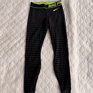 Nike Black and Neon Yellow Pro Compression Leggings